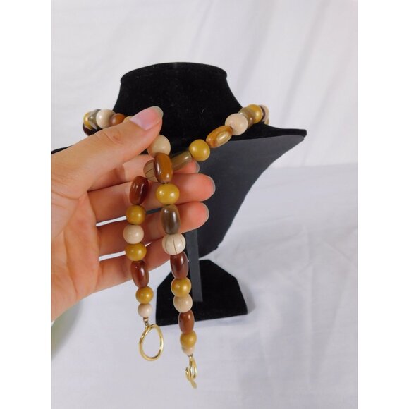 Vintage Chunky Bead Necklace Brown Cream Gold Oversized Statement Retro Jewelry - Picture 8 of 9